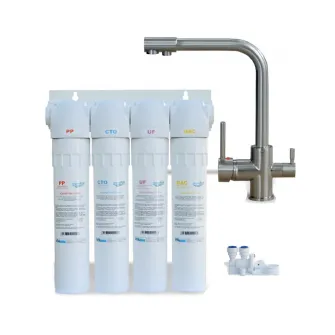 Sistem ultra filtrare cu baterie 3 cai AquaPUR PUR4 UF, 11, baterie inox 3 cai, cartur PP, cartus carbune activ bloc, cartus mebrana UF, cartus carbune activ granular