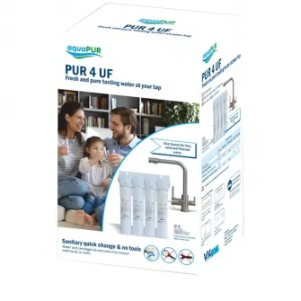 Sistem ultra filtrare cu baterie 3 cai AquaPUR PUR4 UF, 11, baterie inox 3 cai, cartur PP, cartus carbune activ bloc, cartus mebrana UF, cartus carbune activ granular