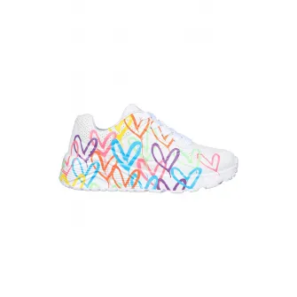 Skechers, Pantofi sport cu imprimeu cu inimi Uno Lite - Spread, Rosu, Alb, Violet, 30 EU