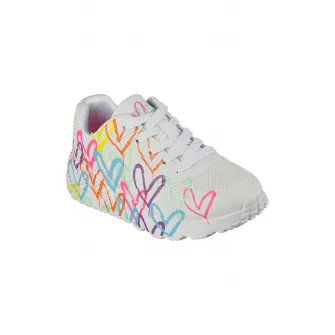 Skechers, Pantofi sport cu imprimeu cu inimi Uno Lite - Spread, Rosu, Alb, Violet, 27 EU