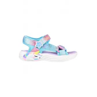 Skechers, Sandale cu velcro si model colorblock Unicorn Dreams, Albastru aquamarin, Galben, Roz, 32 EU