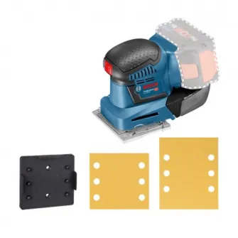 Slefuitor cu vibratii pe acumulator Bosch Professional 06019D0200, 18V, 22.000 vibratii/min, 115x140 dimensiune maxima lucru, perforator, hartie slefuire 120 granulatie, foaie abraziva C470, placa de baza, fara acumulator/incarcator