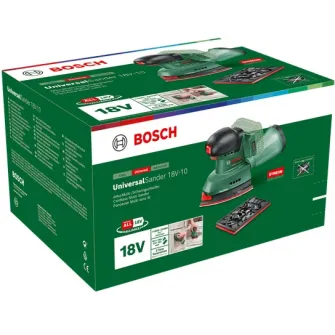 Slefuitor multifunctional pe acumulator Bosch UniversalSander 06033E3100, 18 V, 22.000 vibratii/min, 1.6 mm diametru orbita, 183x93 mm/49x101 mm sufrafata slefuire dreptunghiulara/fier de calcat, 2 hartii abrazive, fara acumulator/incarcator