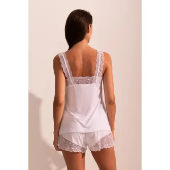 Sofiaman, Pijama din amestec de modal cu pantaloni scurti si garnituri de dantela Alma, Alb, XL