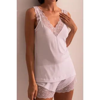 Sofiaman, Pijama din amestec de modal cu pantaloni scurti si garnituri de dantela Alma, Alb, XL