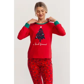Soft & Seven BY SOFIAMAN, Pijama slim fit de bumbac cu imprimeu de Craciun, Rosu, Verde, 3XL