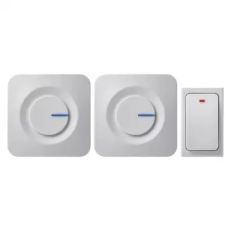 Sonerie wireless Emos AC P5731, 2 sonerii, buton fara baterii, semnalizare luminoasa, 230V AC, 36 tonuri, volum reglabil, 90 dB, 180 m, Alb