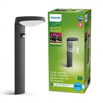 Stalp gradina cu panou solar Philips Tyla, senzor miscare/lumina, 1.2W, 255 lm, lumina calda (3000K), IP44, 40x16cm, Antracit