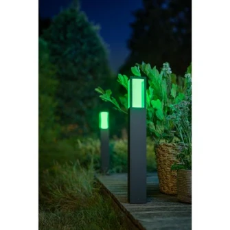 Stalp iluminat exterior LED RGBW integrat Philips Impress HUE, control inteligent cu Hue Bridge, 2x8W, 1200 lm, lumina alba/color, IP44, 77 cm, metal/sticla, Negru