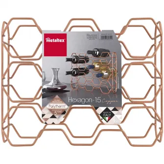 Stativ pentru 15 sticle vin Metaltex Hexagon 15, 43x12x34cm, metal tratat Polytherm® Copper