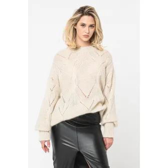 Stefanel, Pulover cu aspect perforat, Alb fildes, L