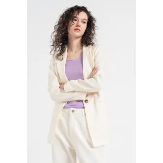 Stefanel, Sacou din amestec de in cu buzunare cu refilet, Crem, 42