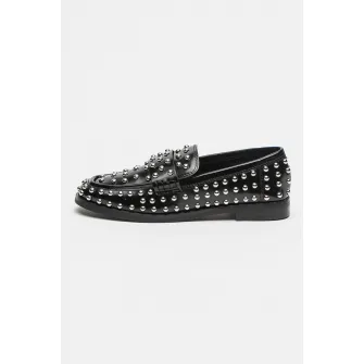 Steve Madden, Pantofi loafer cu varf rotund si tinte Bequest, Negru, Argintiu, 37