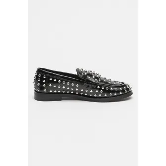 Steve Madden, Pantofi loafer cu varf rotund si tinte Bequest, Negru, Argintiu, 37