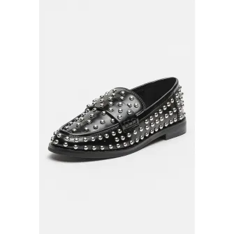 Steve Madden, Pantofi loafer cu varf rotund si tinte Bequest, Negru, Argintiu, 37