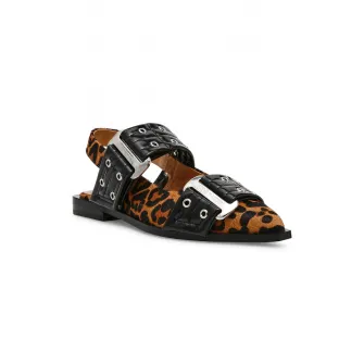 Steve Madden, Sandale de piele ecologica cu garnituri animal print, Negru, Maro, 40