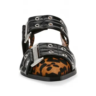 Steve Madden, Sandale de piele ecologica cu garnituri animal print, Negru, Maro, 40
