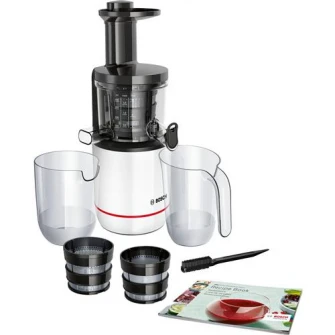 Storcator de fructe cu melc Bosch MESM500W, 150W, 55 RPM, 2 filtre, Melc din Tritan, Reverse, DripStop, Alb