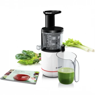 Storcator de fructe cu melc Bosch MESM500W, 150W, 55 RPM, 2 filtre, Melc din Tritan, Reverse, DripStop, Alb