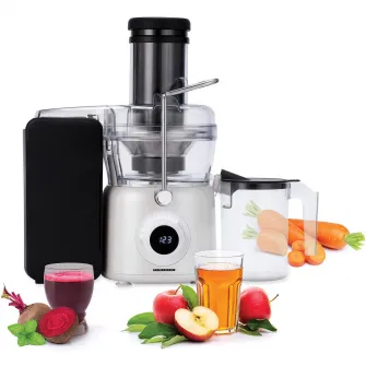 Storcator de fructe Heinner Pearlwhite HSF-K1000DCWP, 1000W, motor DC, viteza variabila, recipient pulpa 1L, filtru inox, tub larg alimentare 84mm, alb perlat