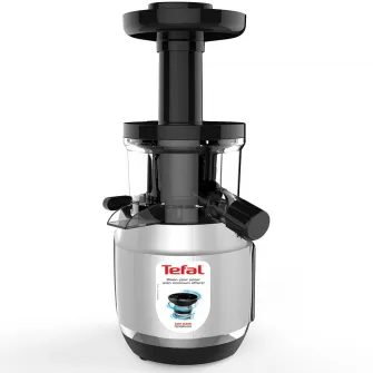 Storcator de fructe si legume cu melc Tefal Juice N’Clean ZC420E38, 150W, recipient suc 0.8L, 2 filtre, 80 RPM, sistem antipicurare, 4 trepte de viteza, functie reverse, negru & argintiu