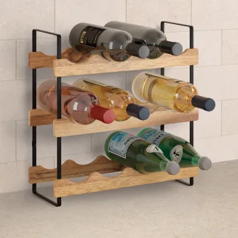 Suport 12 sticle vin Metaltex York, metal/lemn acacia, 39 x 15 x 36 cm