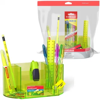 Suport Instrumente Scris Echipat EK Victoria, 9 Piese, Verde Neon Transparent