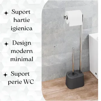 Suport multifunctional AQUASANIT seria Amy QV089NE, cu perie WC si suport hartie igienica, Cromat/Negru