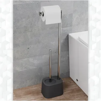 Suport multifunctional AQUASANIT seria Amy QV089NE, cu perie WC si suport hartie igienica, Cromat/Negru