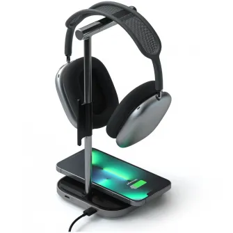 Suport Satechi 2-IN-1 casti si incarcator wireless USB-C cablu inclus, adaptorul priza nu este inclus, Gri spatial