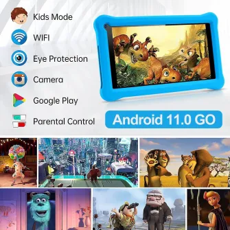 Tableta pentru copii de 7 inch, Sannuo, Android 11, 3-12 ani, 3GB RAM, 32GB ROM (extensibila la 128 GB), Software pentru copii preinstalat, Bluetooth, WiFi, Albastru, include husa de protectie