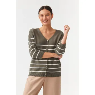 Tatuum, Cardigan cu model in dungi si decolteu in V Sare, Alb, Kaki, XS