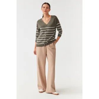 Tatuum, Cardigan cu model in dungi si decolteu in V Sare, Alb, Kaki, XS