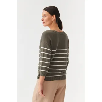 Tatuum, Cardigan cu model in dungi si decolteu in V Sare, Alb, Kaki, XS