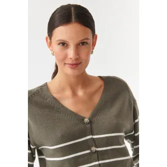 Tatuum, Cardigan cu model in dungi si decolteu in V Sare, Alb, Kaki, XS