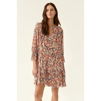 Tatuum, Rochie cu decolteu in V, croiala in A si model floral, Multicolor, 34
