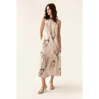 Tatuum, Rochie din amestec de in cu imprimeu, Maro inchis, Bej, 34