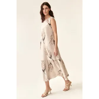 Tatuum, Rochie din amestec de in cu imprimeu, Maro inchis, Bej, 34