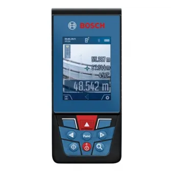 Telemetru laser Bosch 0601072Y00, 100 m domeniu maxim masurare, +/-1.5 mm/m precizie, 50 valori memorate, Bluetooth, curea mana, geanta protectie
