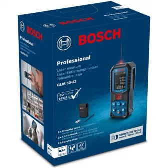 Telemetru laser Bosch Professional GLM 50-22, 50 m domeniu masurare, 635 nm dioda laser, ± 1.5 mm precizie, IP65, 2 baterii 1.5 V LR6 (AA), geanta protectie, curea transport