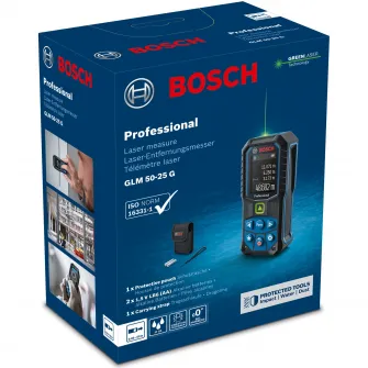 Telemetru laser Bosch Professional GLM 50-25 G, 50 m domeniu masurare, 515 nm dioda laser, ± 1.5 mm precizie, IP65, 2 baterii 1.5 V LR6 (AA), geanta protectie, curea transport