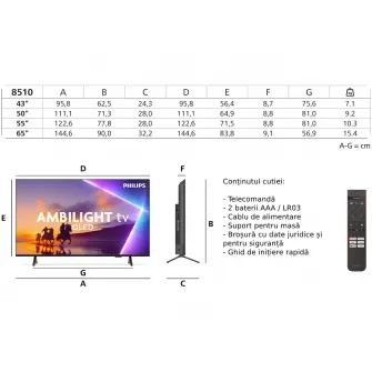 Televizor Philips AMBILIGHT tv QLED 65PUS8510, 164 cm, Smart TV, 4K Ultra HD, Clasa E (Model 2025)