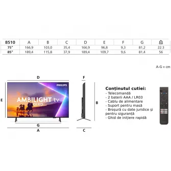 Televizor Philips AMBILIGHT tv QLED 85PUS8510, 215 cm, Smart TV, 4K Ultra HD, Clasa D (Model 2025)