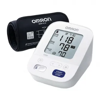 Tensiometru automat OMRON M3 Comfort model 2020 cu manseta de brat IntelliWrap, Afisaj LCD, Functie de memorare pentru 2 utilizatori, Alb