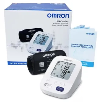 Tensiometru automat OMRON M3 Comfort model 2020 cu manseta de brat IntelliWrap, Afisaj LCD, Functie de memorare pentru 2 utilizatori, Alb