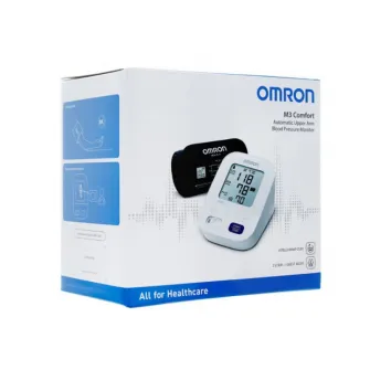 Tensiometru automat OMRON M3 Comfort model 2020 cu manseta de brat IntelliWrap, Adaptor Inclus, Afisaj LCD, Functie de memorare pentru 2 utilizatori, Alb