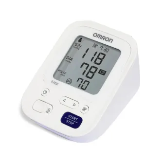 Tensiometru automat OMRON M3 Comfort model 2020 cu manseta de brat IntelliWrap, Adaptor Inclus, Afisaj LCD, Functie de memorare pentru 2 utilizatori, Alb