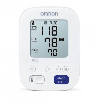 Tensiometru automat OMRON M3 Comfort model 2020 cu manseta de brat IntelliWrap, Adaptor Inclus, Afisaj LCD, Functie de memorare pentru 2 utilizatori, Alb