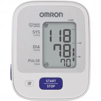 Tensiometru complet automat de brat Omron M300, Tehnologie IntelliSense, Afisaj LCD, Adaptor AC original Omron, Alb