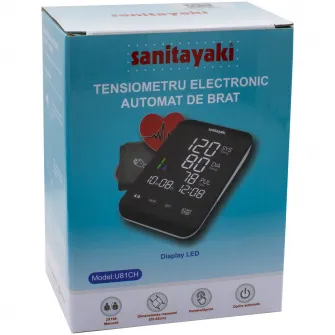 Tensiometru digital de brat cu ecran iluminat sanitayaki U81 CH, 2 x 90 memorii, oprire automata, manseta 22-42 cm, negru/alb